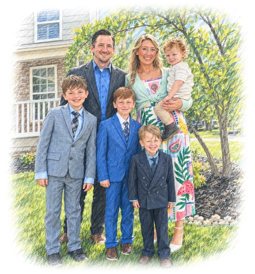 A colored-pencil drawing of Justin with his wife and their four sons in front of their home.